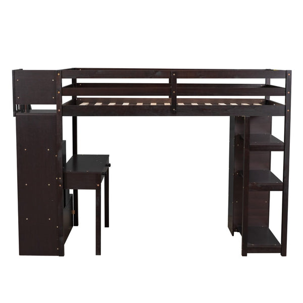 English Elm Twin Loft Bed with Stair Drawers Built-in Desk and Shelves Solid Pine Frame LT000340AAP