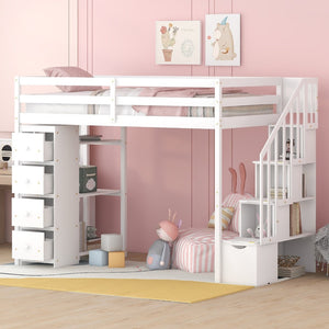 English Elm Twin Loft Bed with Stairs Drawers and Shelves Solid Pine Kids Bedroom Storage LT000338AAK