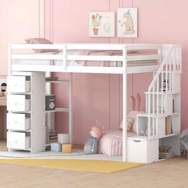 English Elm Twin Loft Bed with Stairs Drawers and Shelves Solid Pine Kids Bedroom Storage LT000338AAK