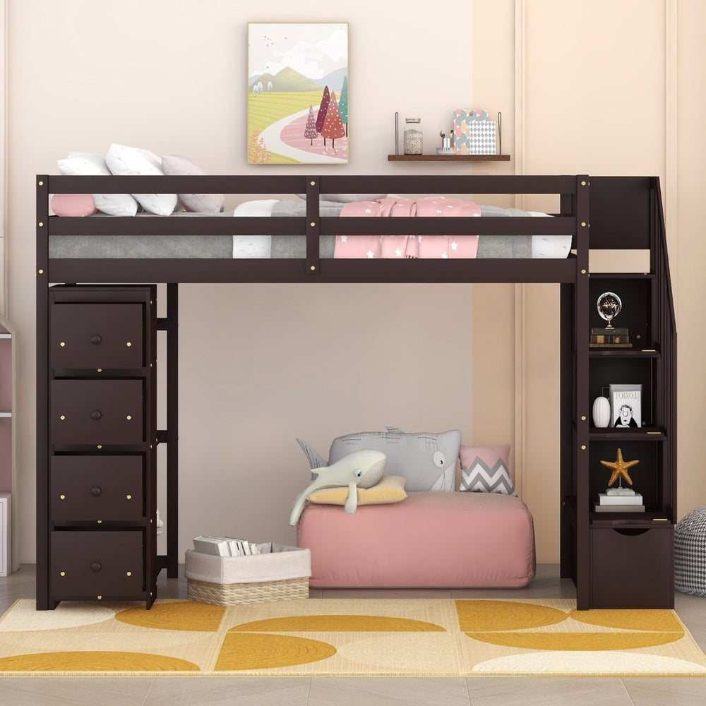 English Elm Twin Loft Bed with Stairs Drawers and Shelves Solid Pine Kids Bedroom Storage LT000338AAP