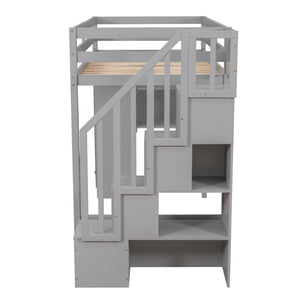 English Elm Twin Loft Bed with Stairs Drawers and Shelves Solid Pine Kids Bedroom Storage LT000338AAE