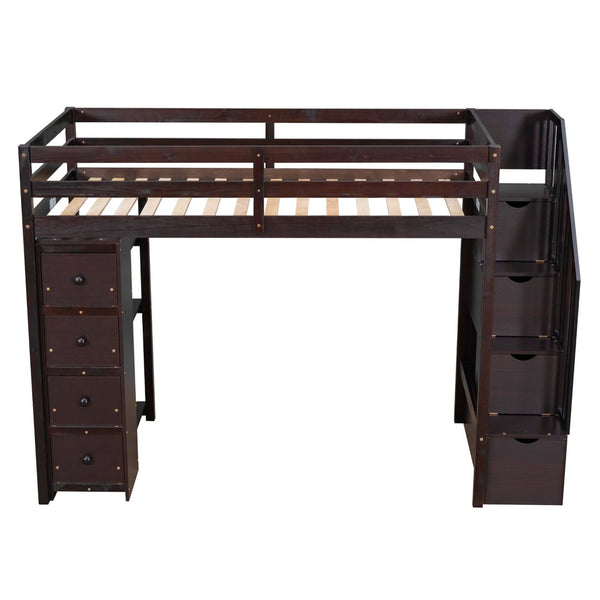 English Elm Twin Loft Bed with Stairs Drawers and Shelves Solid Pine Kids Bedroom Storage LT000338AAP