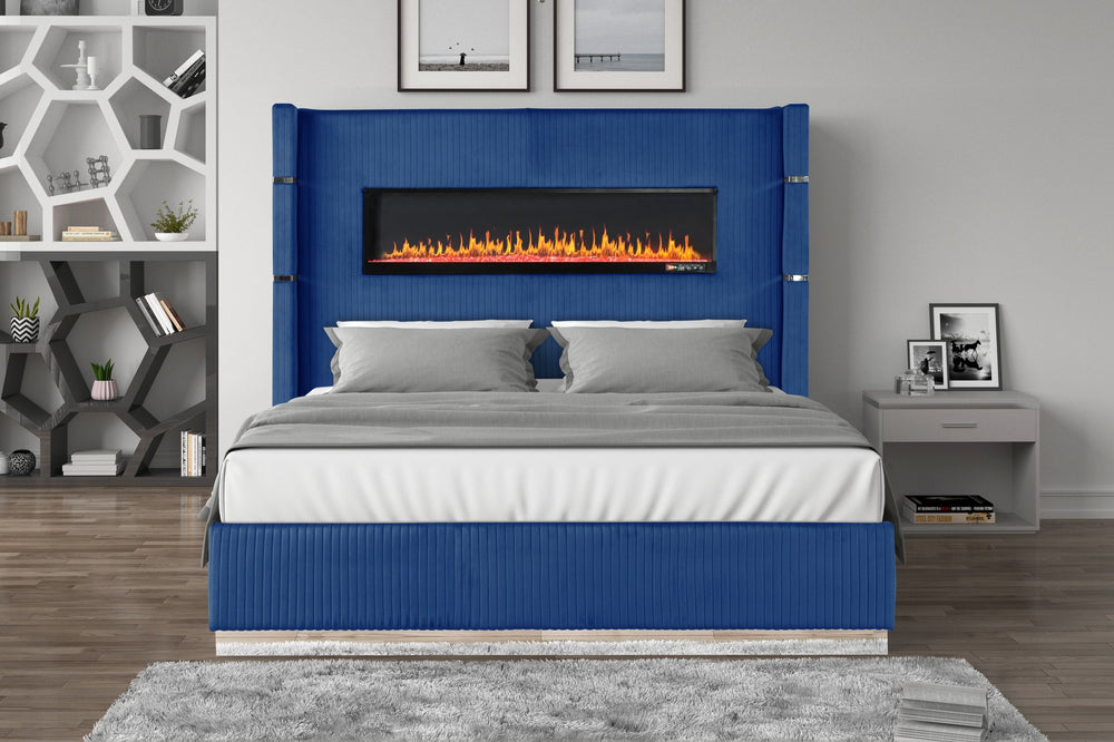 English Elm Upholstery Lizelle King Bed with Fireplace Display, Bluetooth Speakers, USB Ports, Velvet Tall Headboard B00977490