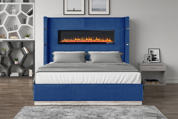 English Elm Upholstery Lizelle King Bed with Fireplace Display, Bluetooth Speakers, USB Ports, Velvet Tall Headboard B00977490