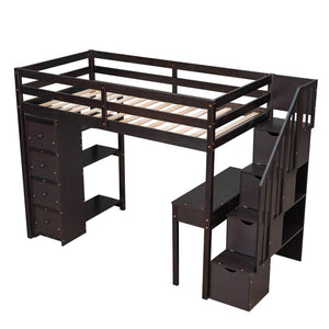 English Elm Twin Loft Bed with Stair Drawers Built-in Desk and Shelves Solid Pine Frame LT000340AAP