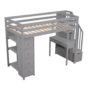 English Elm Twin Loft Bed with Stair Drawers Built-in Desk and Shelves Solid Pine Frame Gray LT000340AAE