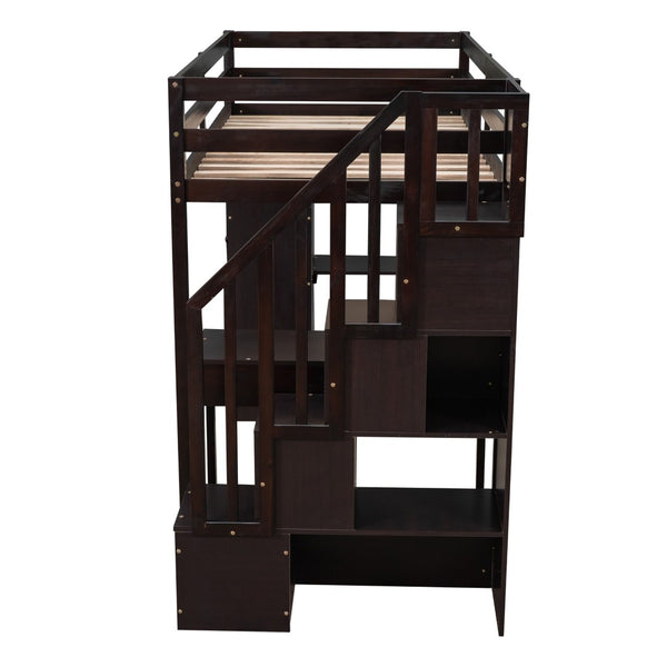 English Elm Twin Loft Bed with Stair Drawers Built-in Desk and Shelves Solid Pine Frame LT000340AAP