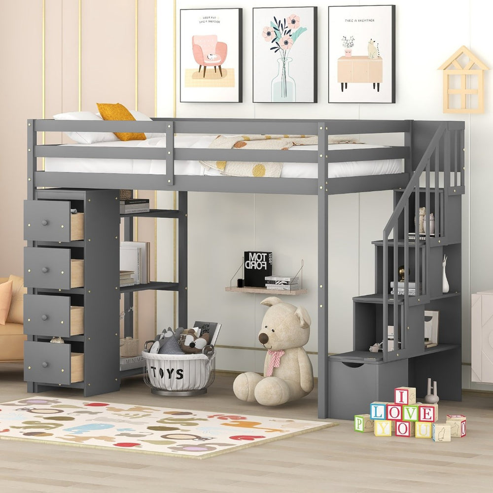 English Elm Twin Loft Bed with Stairs Drawers and Shelves Solid Pine Kids Bedroom Storage LT000338AAE