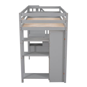 English Elm Twin Loft Bed with Stair Drawers Built-in Desk and Shelves Solid Pine Frame Gray LT000340AAE