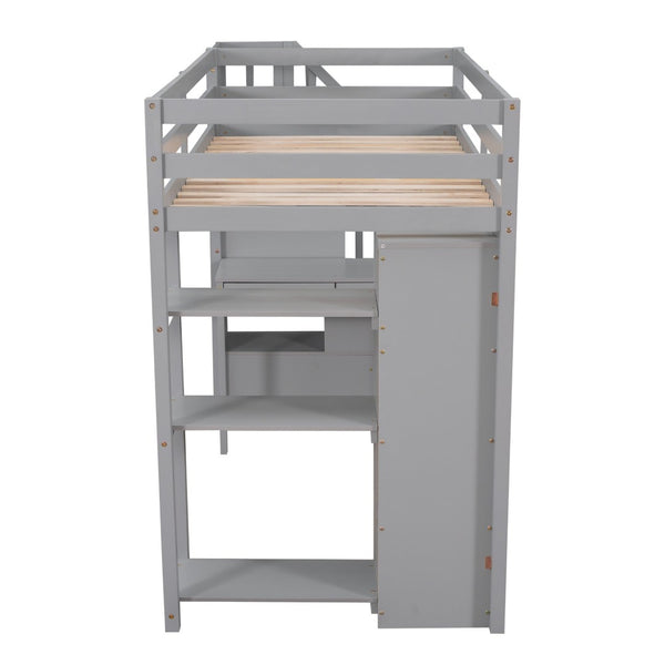 English Elm Twin Loft Bed with Stair Drawers Built-in Desk and Shelves Solid Pine Frame Gray LT000340AAE