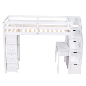 English Elm Twin Loft Bed with Stair Drawers Built-in Desk and Shelves Solid Pine Frame White LT000340AAK
