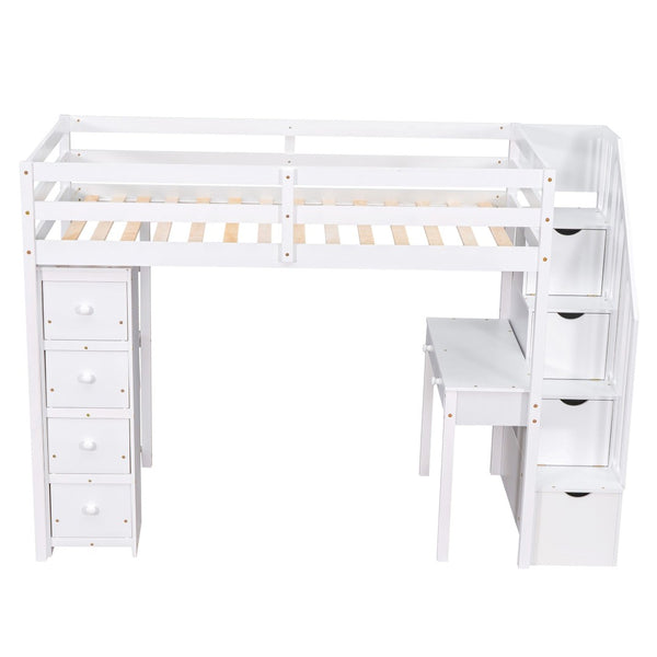 English Elm Twin Loft Bed with Stair Drawers Built-in Desk and Shelves Solid Pine Frame White LT000340AAK