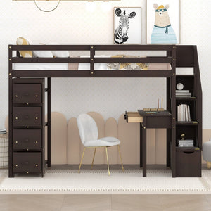 English Elm Twin Loft Bed with Stair Drawers Built-in Desk and Shelves Solid Pine Frame LT000340AAP
