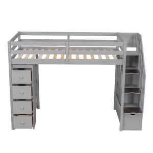 English Elm Twin Loft Bed with Stairs Drawers and Shelves Solid Pine Kids Bedroom Storage LT000338AAE