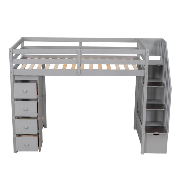 English Elm Twin Loft Bed with Stairs Drawers and Shelves Solid Pine Kids Bedroom Storage LT000338AAE