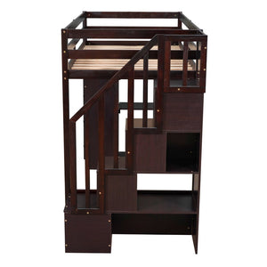 English Elm Twin Loft Bed with Stairs Drawers and Shelves Solid Pine Kids Bedroom Storage LT000338AAP