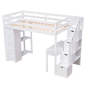 English Elm Twin Loft Bed with Stair Drawers Built-in Desk and Shelves Solid Pine Frame White LT000340AAK