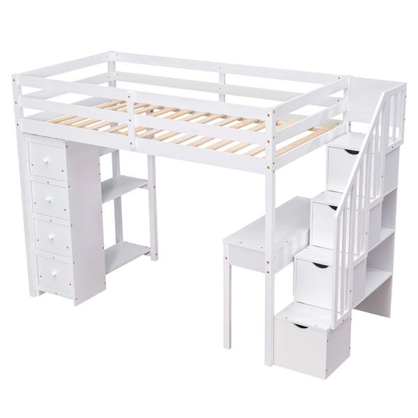 English Elm Twin Loft Bed with Stair Drawers Built-in Desk and Shelves Solid Pine Frame White LT000340AAK