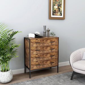 English Elm Industrial 4 Drawer Dresser - Rustic Brown Wood Storage Chest With Sturdy Steel Frame For Any Room W141260282