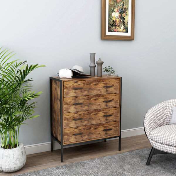 English Elm Industrial 4 Drawer Dresser - Rustic Brown Wood Storage Chest With Sturdy Steel Frame For Any Room W141260282