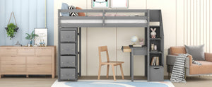 English Elm Twin Loft Bed with Stair Drawers Built-in Desk and Shelves Solid Pine Frame Gray LT000340AAE