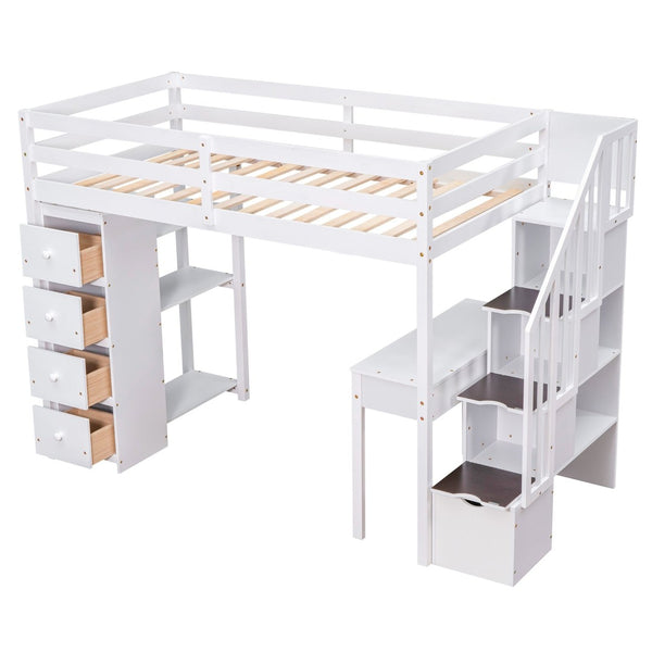 English Elm Twin Loft Bed with Stair Drawers Built-in Desk and Shelves Solid Pine Frame White LT000340AAK