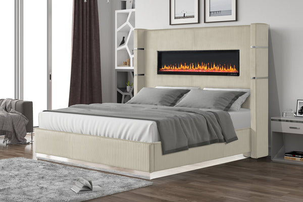 English Elm LIZZELLE Queen 5PC Bedroom Set with Ambient LED Fireplace Display, USB/Bluetooth Speakers, Velvet Upholstery B009S02103