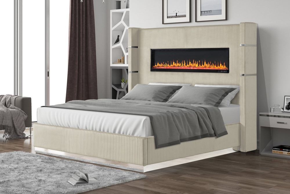 English Elm Upholstery Lizelle Queen Bed with Fireplace LED Ambience, Bluetooth Speakers, USB Ports, Velvet Finish B00977491