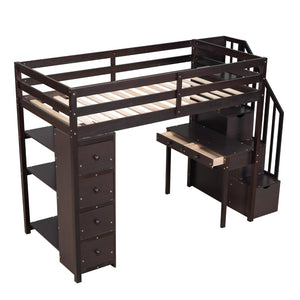 English Elm Twin Loft Bed with Stair Drawers Built-in Desk and Shelves Solid Pine Frame LT000340AAP