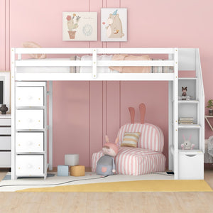 English Elm Twin Loft Bed with Stairs Drawers and Shelves Solid Pine Kids Bedroom Storage LT000338AAK