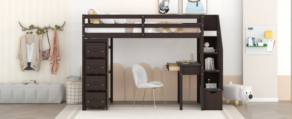 English Elm Twin Loft Bed with Stair Drawers Built-in Desk and Shelves Solid Pine Frame LT000340AAP