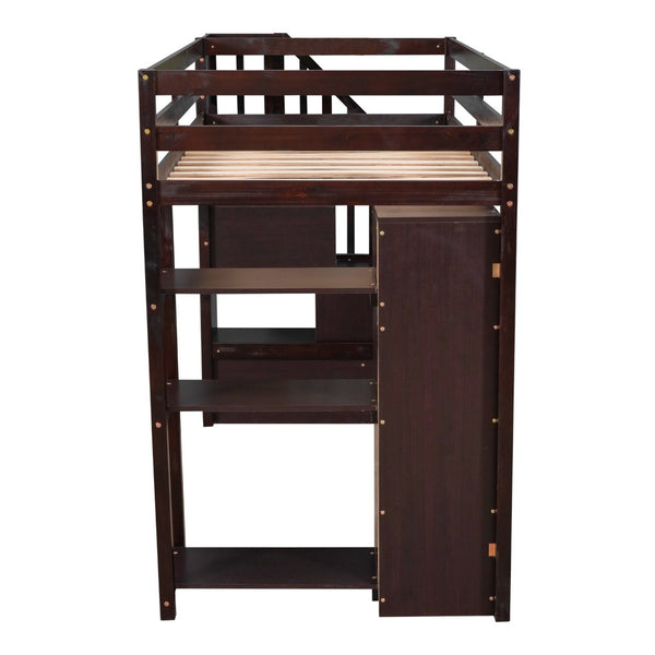 English Elm Twin Loft Bed with Stairs Drawers and Shelves Solid Pine Kids Bedroom Storage LT000338AAP