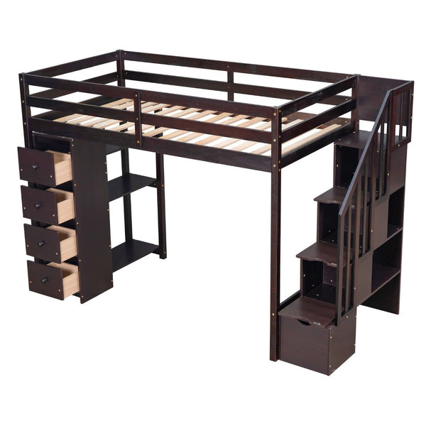 English Elm Twin Loft Bed with Stairs Drawers and Shelves Solid Pine Kids Bedroom Storage LT000338AAP