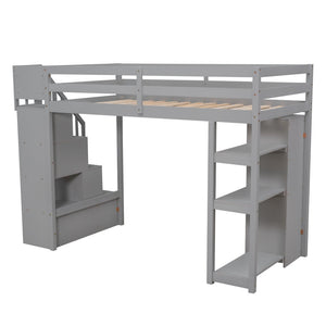 English Elm Twin Loft Bed with Stairs Drawers and Shelves Solid Pine Kids Bedroom Storage LT000338AAE