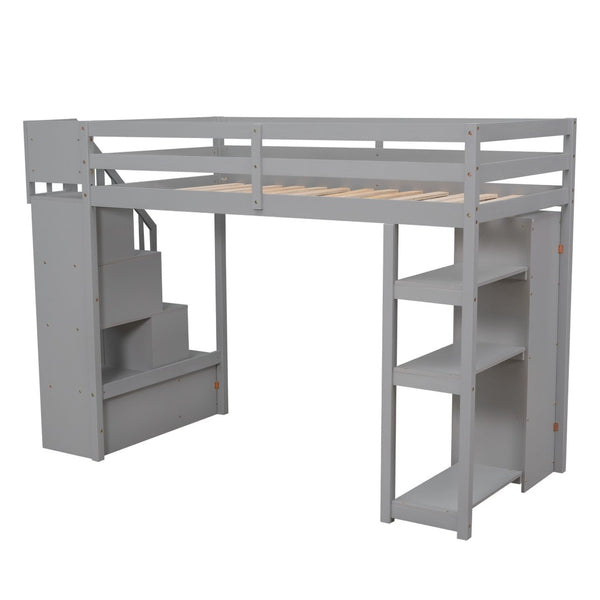 English Elm Twin Loft Bed with Stairs Drawers and Shelves Solid Pine Kids Bedroom Storage LT000338AAE