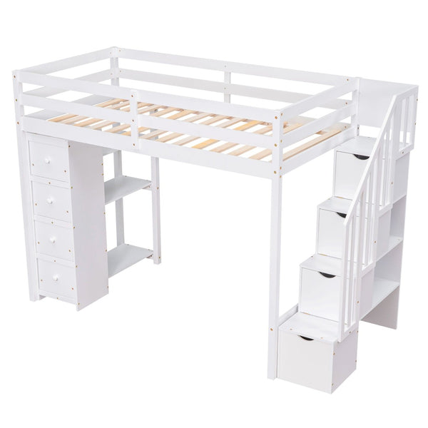 English Elm Twin Loft Bed with Stairs Drawers and Shelves Solid Pine Kids Bedroom Storage LT000338AAK