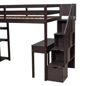 English Elm Twin Loft Bed with Stair Drawers Built-in Desk and Shelves Solid Pine Frame LT000340AAP