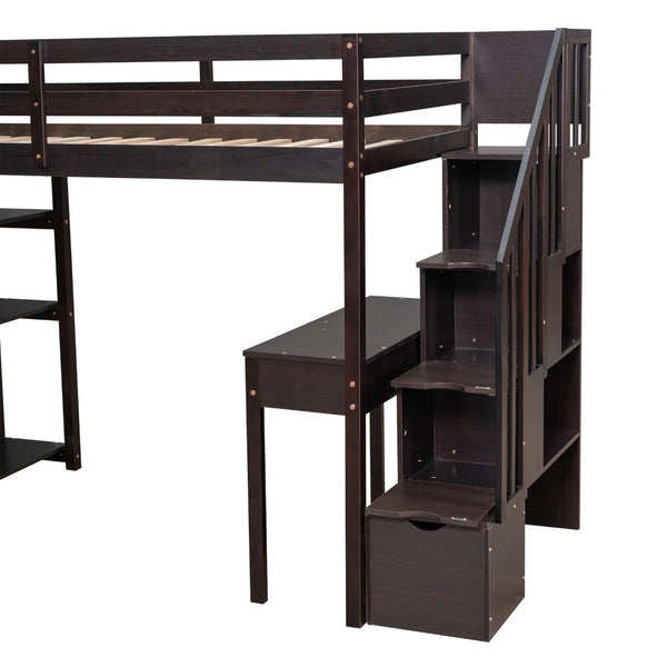English Elm Twin Loft Bed with Stair Drawers Built-in Desk and Shelves Solid Pine Frame LT000340AAP