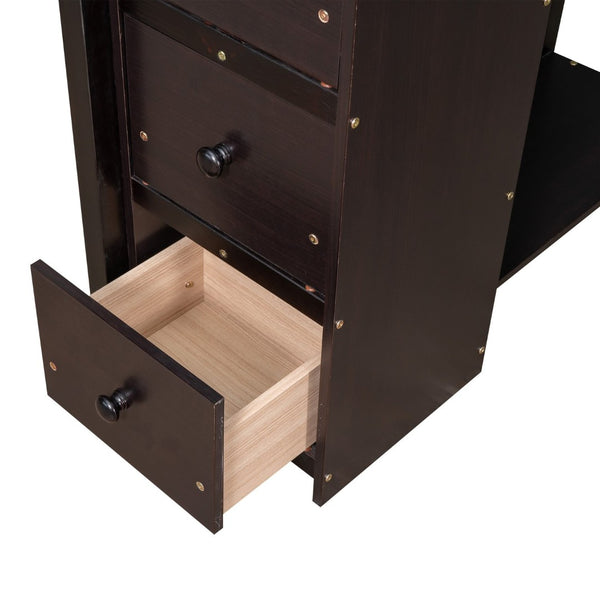 English Elm Twin Loft Bed with Stair Drawers Built-in Desk and Shelves Solid Pine Frame LT000340AAP