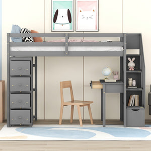 English Elm Twin Loft Bed with Stair Drawers Built-in Desk and Shelves Solid Pine Frame Gray LT000340AAE