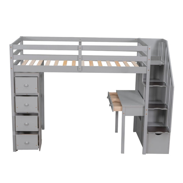 English Elm Twin Loft Bed with Stair Drawers Built-in Desk and Shelves Solid Pine Frame Gray LT000340AAE