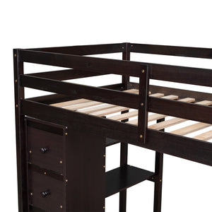 English Elm Twin Loft Bed with Stair Drawers Built-in Desk and Shelves Solid Pine Frame LT000340AAP
