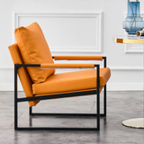 English Elm Pu Leather Armchair, Medieval Metal Frame Cushion Backrest Living Room Sofa Chair (Orange Pu Leather+Metal Frame+Foam+2 Pieces) Sf-008