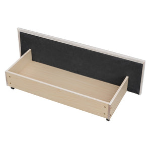 English Elm Upholstered Queen Platform Bed Velvet Fabric Brass Stud Trim Four Storage Drawers LP000124AAA