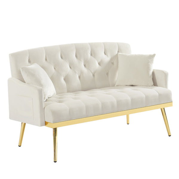 English Elm CREAM Velvet 2-Seater Sofa with Gold Metal Legs, Foam Cushions, Solid Wood Frame — Elegant Compact Design for Living Rooms W58868557