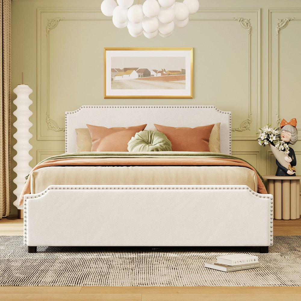 English Elm Upholstered Queen Platform Bed Velvet Fabric Brass Stud Trim Four Storage Drawers LP000124AAA