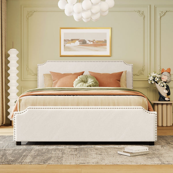 English Elm Upholstered Queen Platform Bed Velvet Fabric Brass Stud Trim Four Storage Drawers LP000124AAA