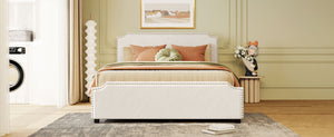 English Elm Upholstered Queen Platform Bed Velvet Fabric Brass Stud Trim Four Storage Drawers LP000124AAA