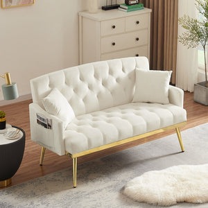 English Elm CREAM Velvet 2-Seater Sofa with Gold Metal Legs, Foam Cushions, Solid Wood Frame — Elegant Compact Design for Living Rooms W58868557