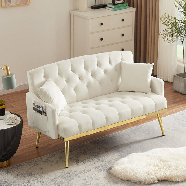 English Elm CREAM Velvet 2-Seater Sofa with Gold Metal Legs, Foam Cushions, Solid Wood Frame — Elegant Compact Design for Living Rooms W58868557